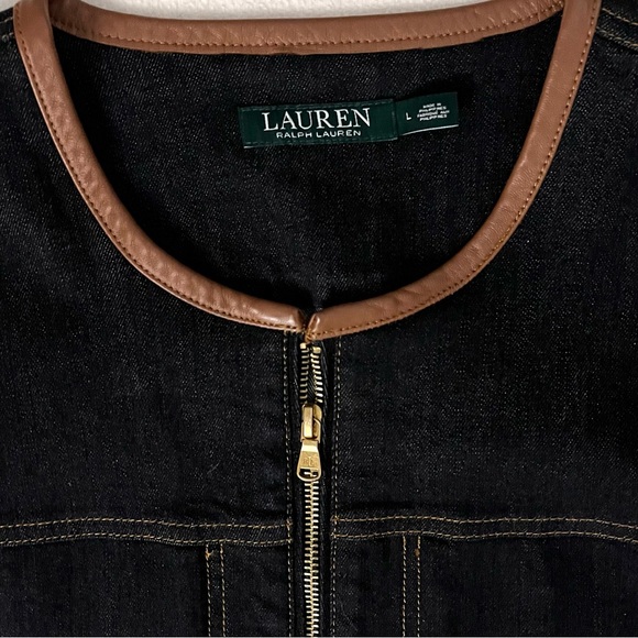 Lauren Ralph Lauren Dark Blue Denim Jacket w/ Brown Leather Trim - Sz L - Picture 3 of 7